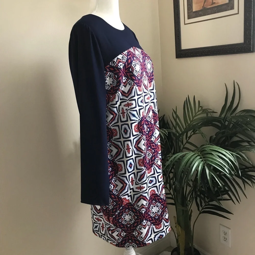 Cremieux Women Stretch Sheer Top Stretch Long Sleeve Dress Navy White Orange M * - Picture 3 of 6